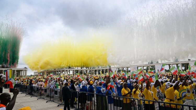 Fireworks welcomed Pope Leo to Mongomo's Basilica of the Immaculate Conception