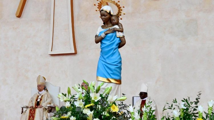 Pope Leo XIV during the Mass at the Malabo Stadium