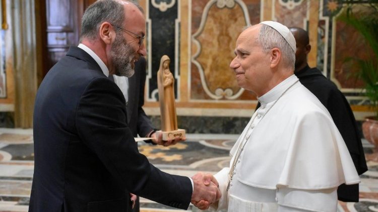 Manfred Weber, presidente del gruppo parlamentare del PPE, stringe la mano al Pontefice. 
