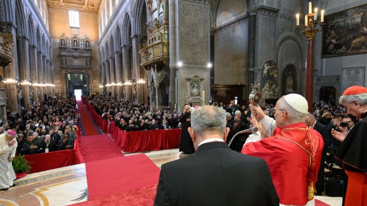 Pope Leo XIV during the meeting in the Naples Cathedral
