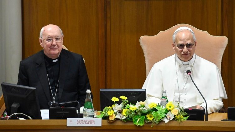 El Cardenal Farrell junto al Santo Padre en la reunión con los participantes en el encuentro de los Moderadores de las Asociaciones de los Fieles, de los Movimientos Eclesiales y de las Nuevas Comunidades.