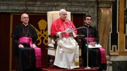 Pope Leo XIV addresses a group of non-resident ambassadors to the Holy See during the presentation of their credential letters