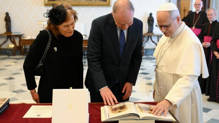 Pope Leo with Miche&aacute;l Martin and his wife in the Vatican