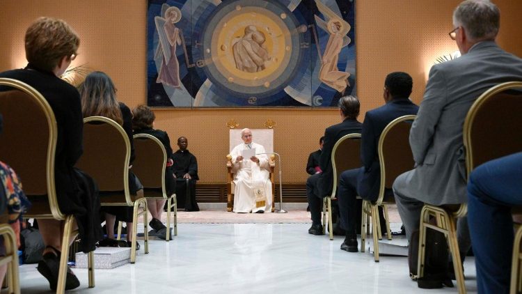 Pope Leo XIV addresses delegation of the Association of Catholic Colleges and Universities in the Vatican