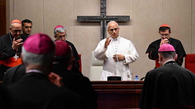 Papst Leo an diesem Montag bei dem Treffen mit den spanischen Bisch&ouml;fen (Vatican Media)