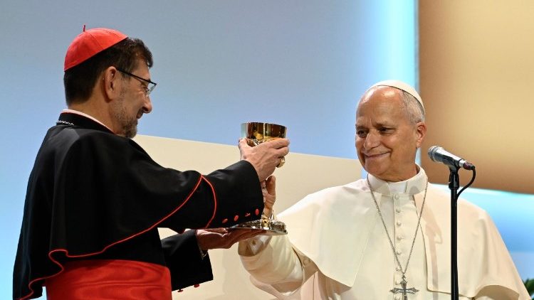 Pope Leo XIV gives Cardinal Cobo Cano a chalice as a gift for the Archdiocese of Madrid