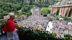 Pope Leo XIV greets the faithful gathered at the Abbey of Our Lady of Montserrat