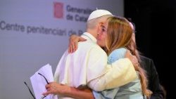 Pope Leo XIV hugs an inmate at the Brians 1 Penitential Center in Montserrat