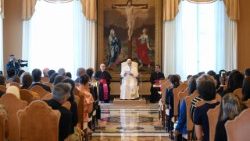 Pope Leo XIV greets members of the Jérôme Lejeune Foundation