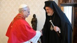 El Papa León XIV y su Eminencia Emmanuel Adamakis, metropolitano de Calcedonia.