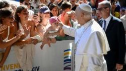 Pope Leo greeting crowds at the Rimini Meeting 2026