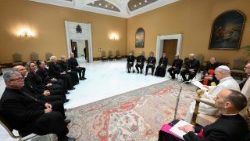 Në sallën e vogël të Sallës së Palit VI, Leoni XIV pret në audiencë ipeshkvijtë e Kishës Luterane të Norvegjisë. (@VATICAN MEDIA)