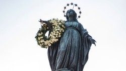 The statue of Our Lady with a wreath of flowers for the Solemnity of the Immaculate Conception in 2017