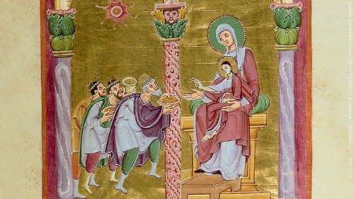 Modri prispejo v Betlehem. Tam najdejo Jezusa »z Marijo, njegovo materjo«, ga počastijo in mu darujejo »zlata, kadila in mire« (v. 11).