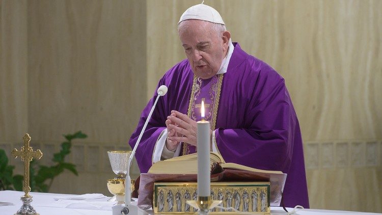 Pope during the live broadcast of the Mass at Santa Marta on Monday