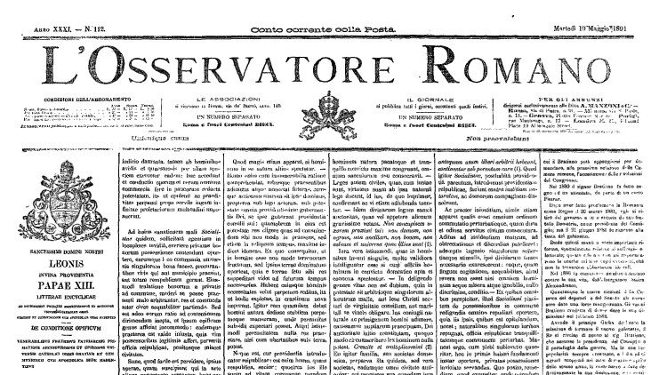 Portada de la edición del 19 de mayo de 1891 del Osservatore Romano