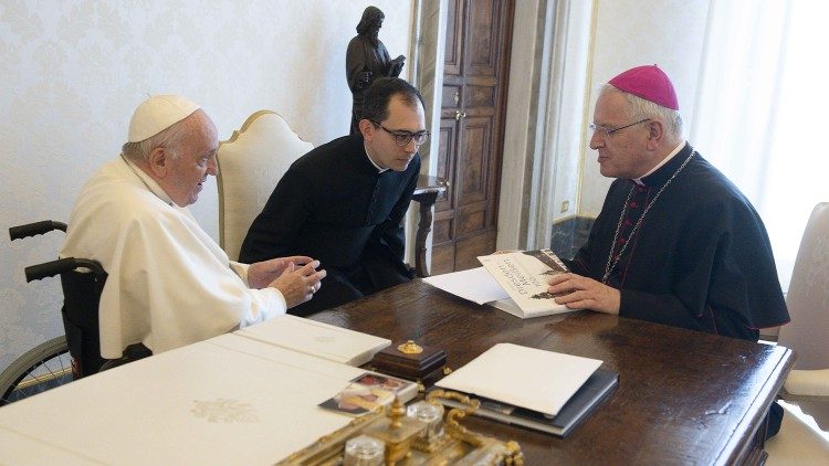 Bischof Heinrich Timmerevers bei einer Audienz mit Papst Franziskus