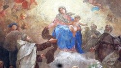 Vergine Maria con Gesù bambino e santi carmelitani, soffitto della chiesa di Santa Maria del Monte Carmelo a Trastevere, Roma.