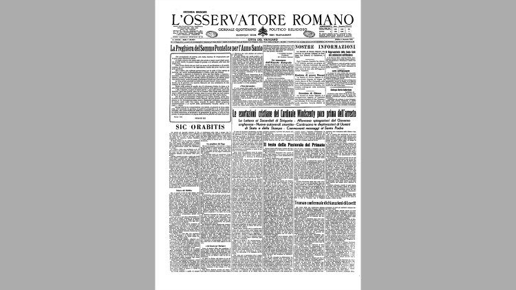 Titulní strana L'Osservatore Romano z 1. ledna 1949 s modlitbou Pia XII.