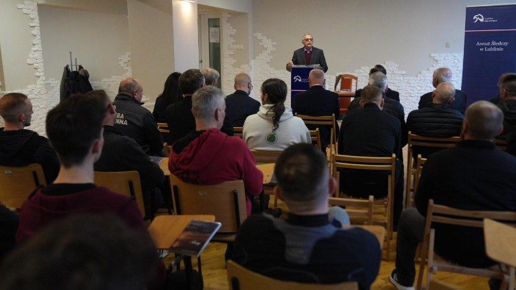 Inmates attend a lecture organized by the John Paul II Catholic University of Lublin