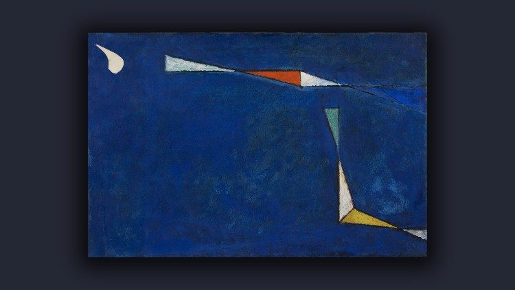 L'opera "Notturno" di Osvaldo Licini, olio su carta applicata su tela.