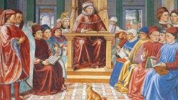 2025.08.12 Agostino insegna retorica e filosofia a Roma, Benozzo Gozzoli, affresco, chiesa di Sant'Agostino, San Gimignano, da Opera Omnia di Sant'Agostino, Iconografia Agostiniana, Il Quattrocento, Primo Tomo, Città Nuova Editrice