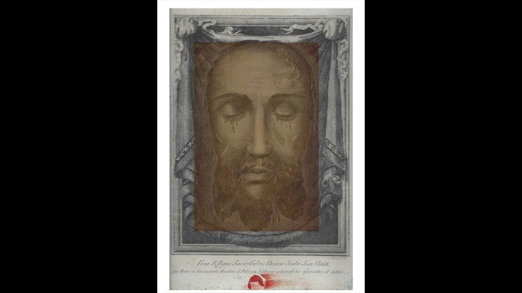 : Stampa della Veronica con l'iscrizione "Vera Effigies Sacri Vultus Domini Nostri Jesu Christi quę Romę in Sacrosancta Basilia S. Petri in Vaticano religiosissime asservatur, et colitur", seconda metà del XIX secolo (Proprietà privata)