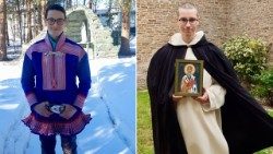 : Isak Ailu Pulk Eira klädd i traditionell samisk gákti under påskfirandet 2024, den sista påskhelgen innan han gick in i kartusianklostret St Hugh's Charterhouse, Parkminster. Till höger presenterar Dom Irenaeus ikonen av sin himmelske beskyddare: Sankt Irenaeus av Lyon. 