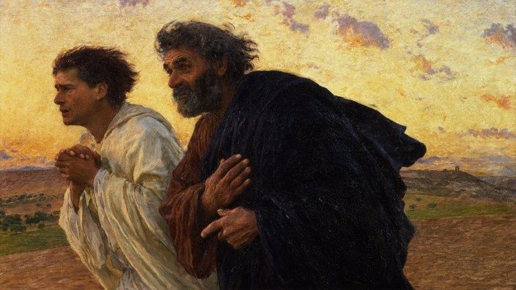 Peter and John run towards Christ's empty sepulchre on the morning of the Resurrection by Eugène Burnand (1898)