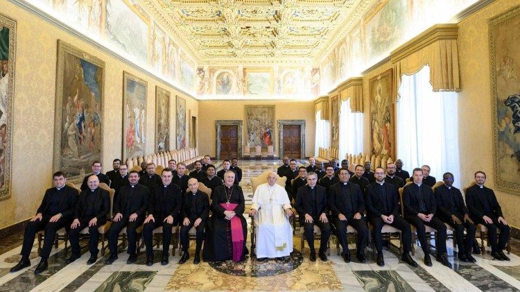 File photo of Pope Francis with members of the Pontifical Ecclesiastical Academy