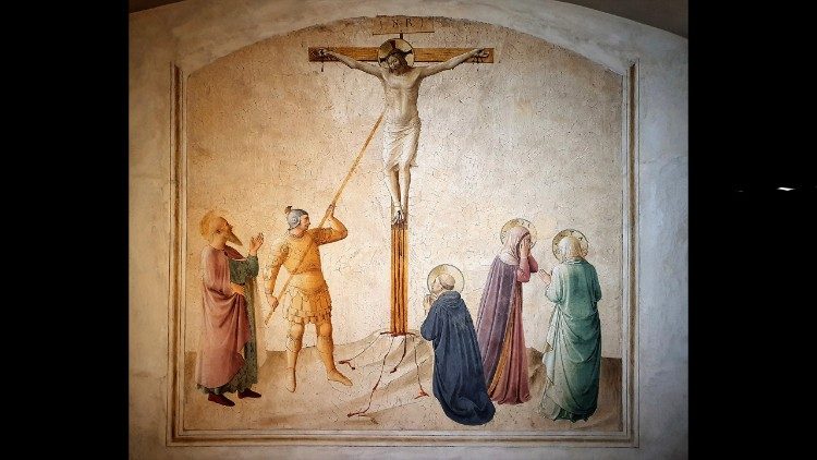 Beato Angelico, Cella 42, Cristo in Croce con San Marco, Longino, San Domenico, Maria e Marta, 1446 - 1447, affresco,  214 x 201 cm, Museo di san Marco, Firenze