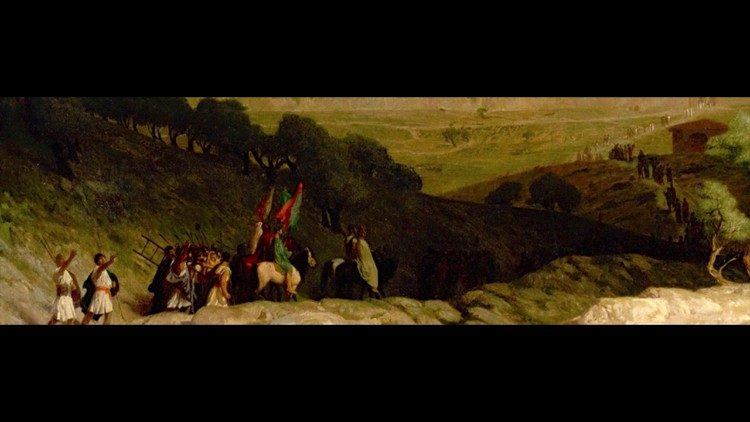 Particolare con i soldati che scendono dal Golgota e tornano a Gerusalemme