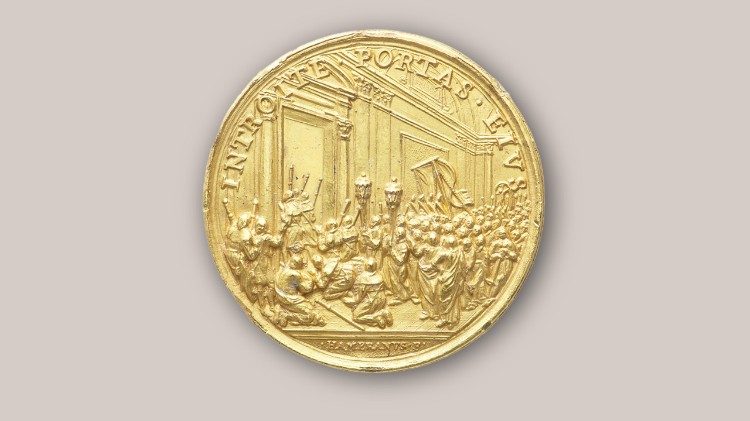 Giovanni Martino Hamerani, medaglia annuale dell’anno IX di pontificato celebrativa dell’Anno Santo del 1700 (1700). BAV. Md. Pont. Innocentius XII. 71   