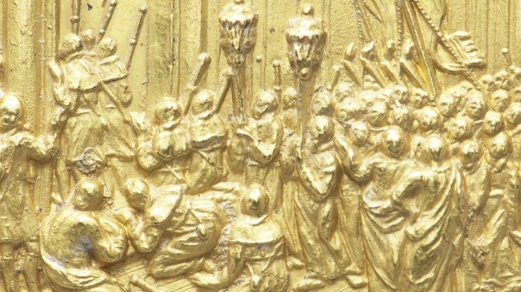 L'Apertura della Porta Santa. - Giovanni Martino Hamerani, medaglia annuale dell’anno IX di pontificato celebrativa dell’Anno Santo del 1700 (1700). BAV. Md. Pont. Innocentius XII. 71   (particolare)