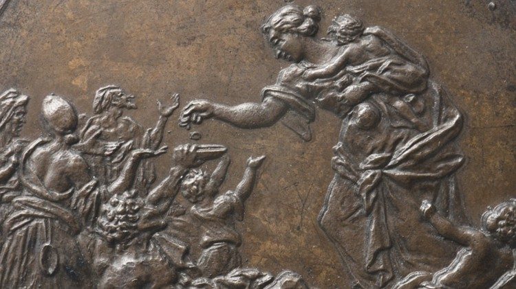 La Carità - Ferdinand de Saint Urbain, medaglia commemorativa delle opere del pontefice a favore dei bisognosi (senza data) BAV. Md. Pont. Innocentius XII. 84 (particolare)