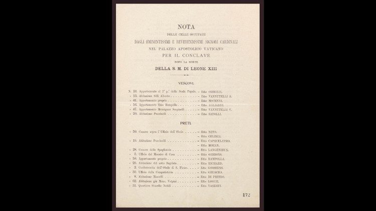 La nota delle celle assegnate durante il Conclave del 1903