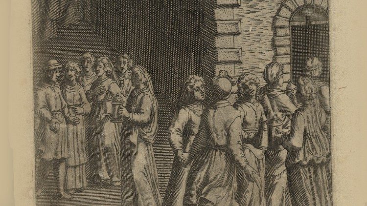 Panny roztropne i nierozsądne. Rycina Camillo Cungiego z cyklu "Rozważania nad całym życiem naszego Pana Jezusa Chrystusa"