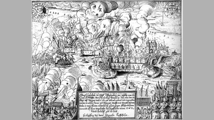 Drei&szlig;igj&auml;hriger Krieg - zeitgen&ouml;ssische Darstellung. Nicolas Herman hat an einer Schlacht gegen die Schweden teilgenommen und wurde dabei verwundet
