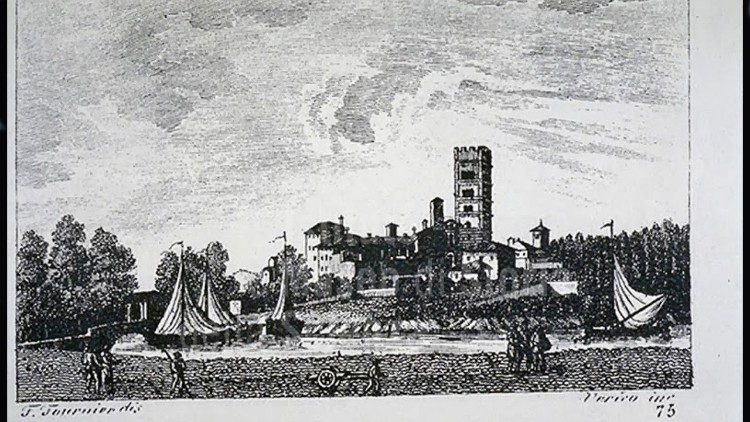F. Fournier e Verica, Il complesso degli Ospitalieri e la torre campaniaria di Altopascio, incisione del 1827