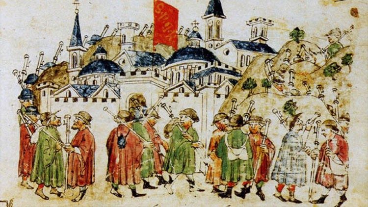 Pellegrini giungono a Roma, illustrazione del manoscritto "Cronache" di Giovanni Sercambi, XIV, Archivio di Stato, Lucca