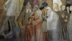 Pellegrini nell'affresco di Andrea di Bonaiuto, La Via Veritas, ovvero Chiesa militante e trionfante,  1365 -1367, Cappellone degli Spagnoli nella chiesa di Santa Maria Novella, Firenze