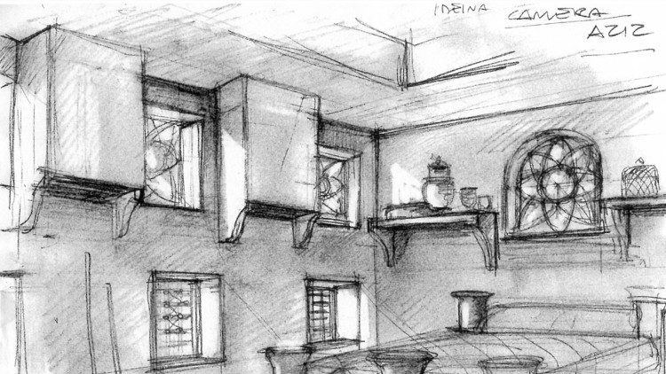 Un bozzetto della scenografia del film "Il fiore delle mille e una notte"