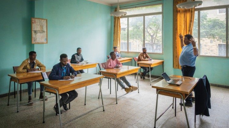 Seminarians at the Catholic Major Seminary of Adigrat, northern Ethiopia, attend class and, at right, participate in a retreat. (photo: Petterik Wiggers)