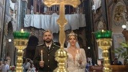 Volodymyr and Solomiya Svyst were married at Sts. Peter and Paul Garrison Church in Lviv, 21 September. Volodymyr had returned from the front for their wedding. Photo: