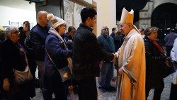 Archbishop Jose Gomez of Los Angeles greeting faithful following 9 January 2025 San Gabriel Mission Mass remembering Eaton Fire victims