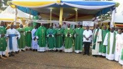 File photo of Ugandan Catholic Bishops flanked by priests at the end of Peace and Prayer week in Arua Diocese