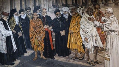 The large painting of the headquarters of the Dicastery for Interreligious Dialogue, with Paul VI (right), Gandhi, and other leaders of the world religions