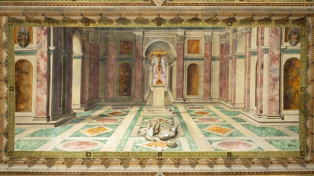 Скляпенне Залы Канстанціна. “Трыумф хрысціянства над паганствам” Тамаза Лаўрэці (пасля рэстаўрацыі)