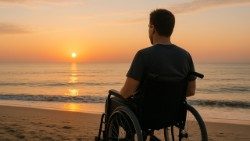 Un ragazzo in carrozzina davanti all'alba