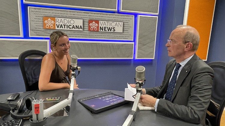 Dr. Blotz speaks with Grace Lathrop in the studios of Vatican News